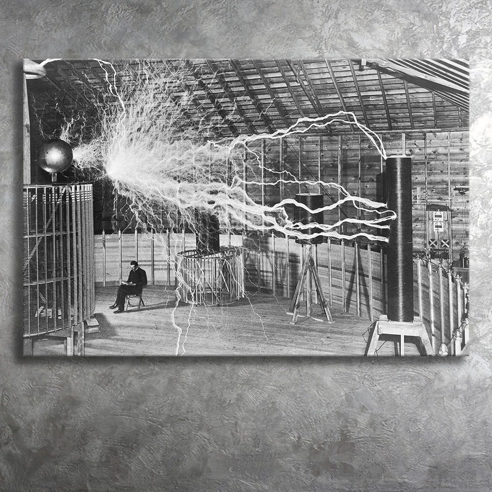 Tesla Coil Photo Black And White Print, Nikola Tesla Canvas Prints Wall Art Home Decor