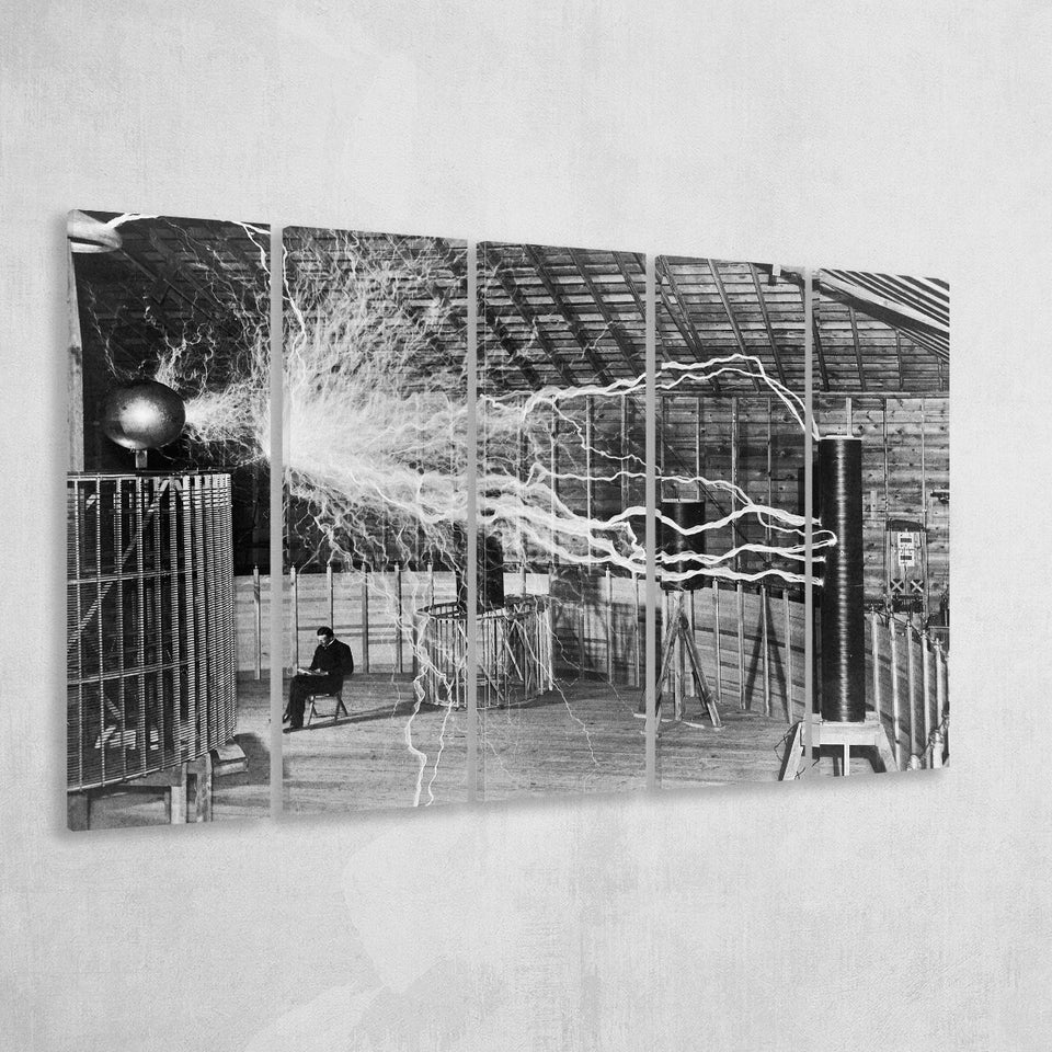 Tesla Coil Photo Black And White Print, Nikola Tesla Larger Canvas Art, 5 Piece Canvas Prints Wall Art Decor
