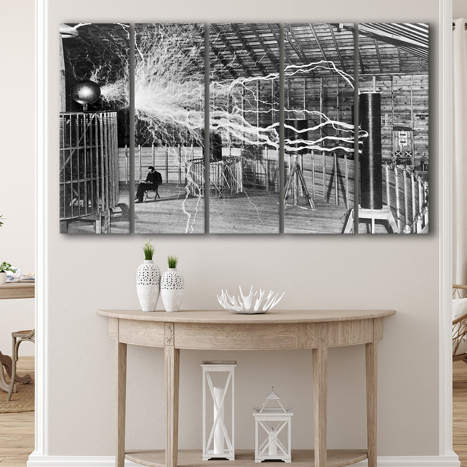 Tesla Coil Photo Black And White Print, Nikola Tesla Larger Canvas Art, 5 Piece Canvas Prints Wall Art Decor