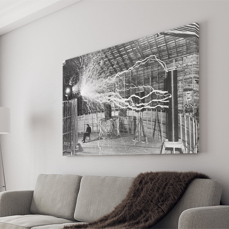 Tesla Coil Photo Black And White Print, Nikola Tesla Canvas Prints Wall Art Home Decor