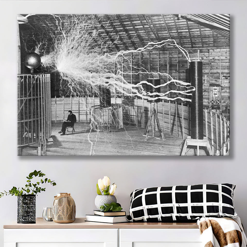 Tesla Coil Photo Black And White Print, Nikola Tesla Canvas Prints Wall Art Home Decor