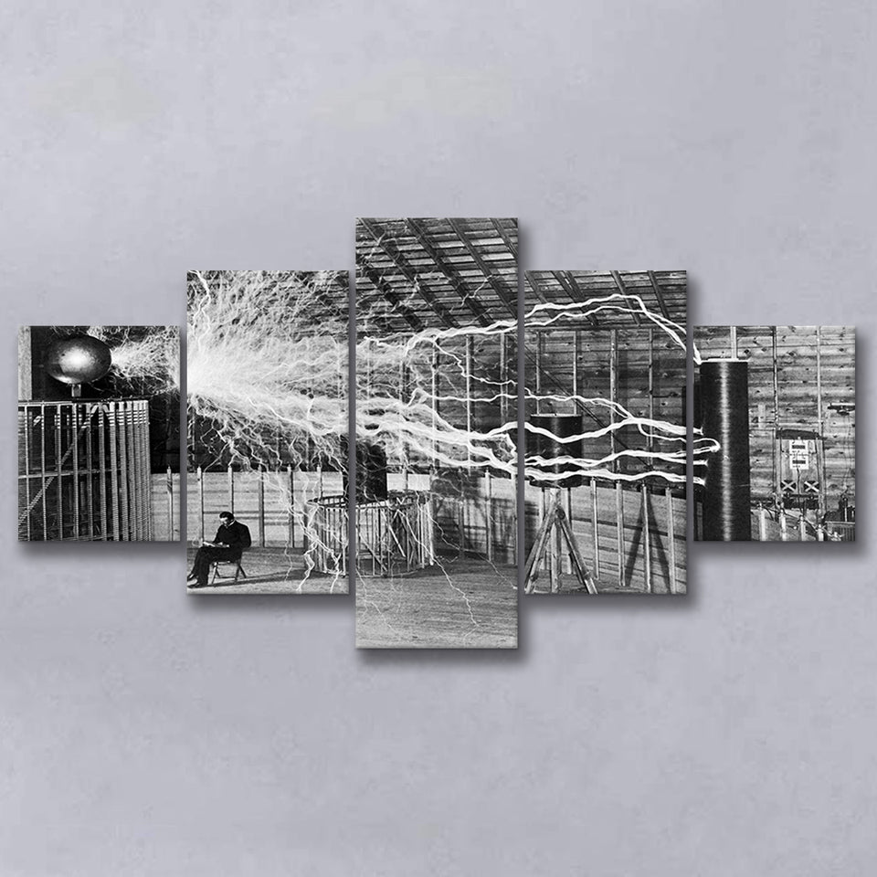 Tesla Coil Photo Black And White Print, Nikola Tesla 5 Panels, Canvas Prints Wall Art Decor, Large Canvas Art