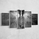 Tesla In His Laboratory Photo Black And White Print, Nikola Tesla 5 Panels, Canvas Prints Wall Art Decor, Large Canvas Art