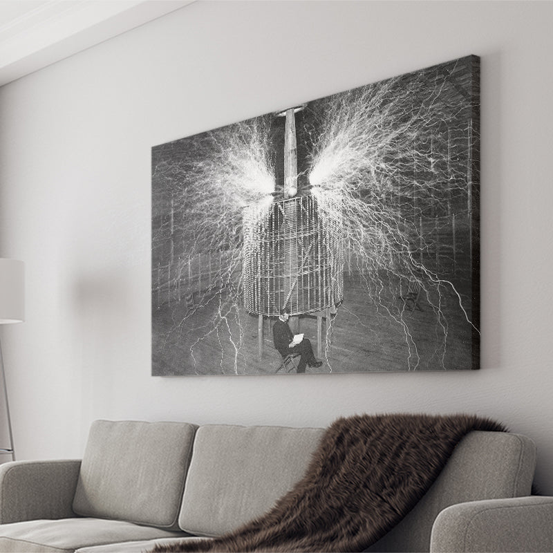 Tesla In His Laboratory Photo Black And White Print, Nikola Tesla Canvas Prints Wall Art Home Decor