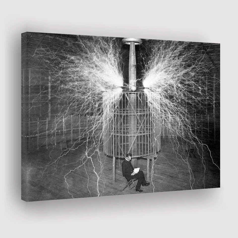 Tesla In His Laboratory Photo Black And White Print, Nikola Tesla Canvas Prints Wall Art Home Decor