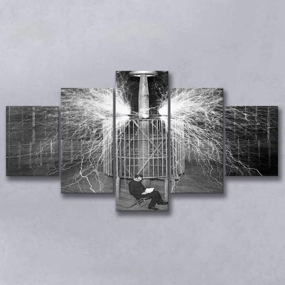 Tesla In His Laboratory Photo Black And White Print, Nikola Tesla 5 Panels, Canvas Prints Wall Art Decor, Large Canvas Art