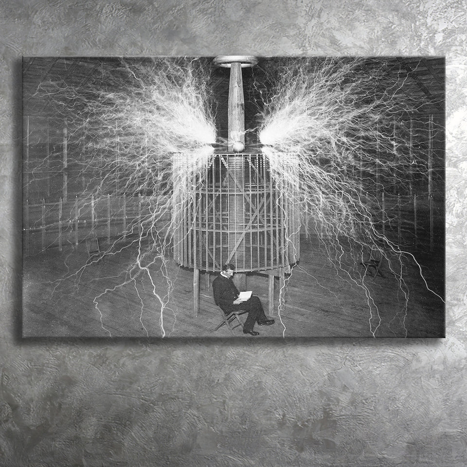 Tesla In His Laboratory Photo Black And White Print, Nikola Tesla Canvas Prints Wall Art Home Decor