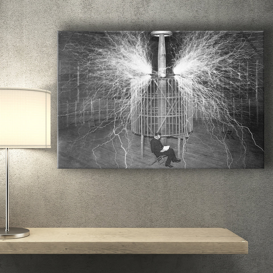 Tesla In His Laboratory Photo Black And White Print, Nikola Tesla Canvas Prints Wall Art Home Decor