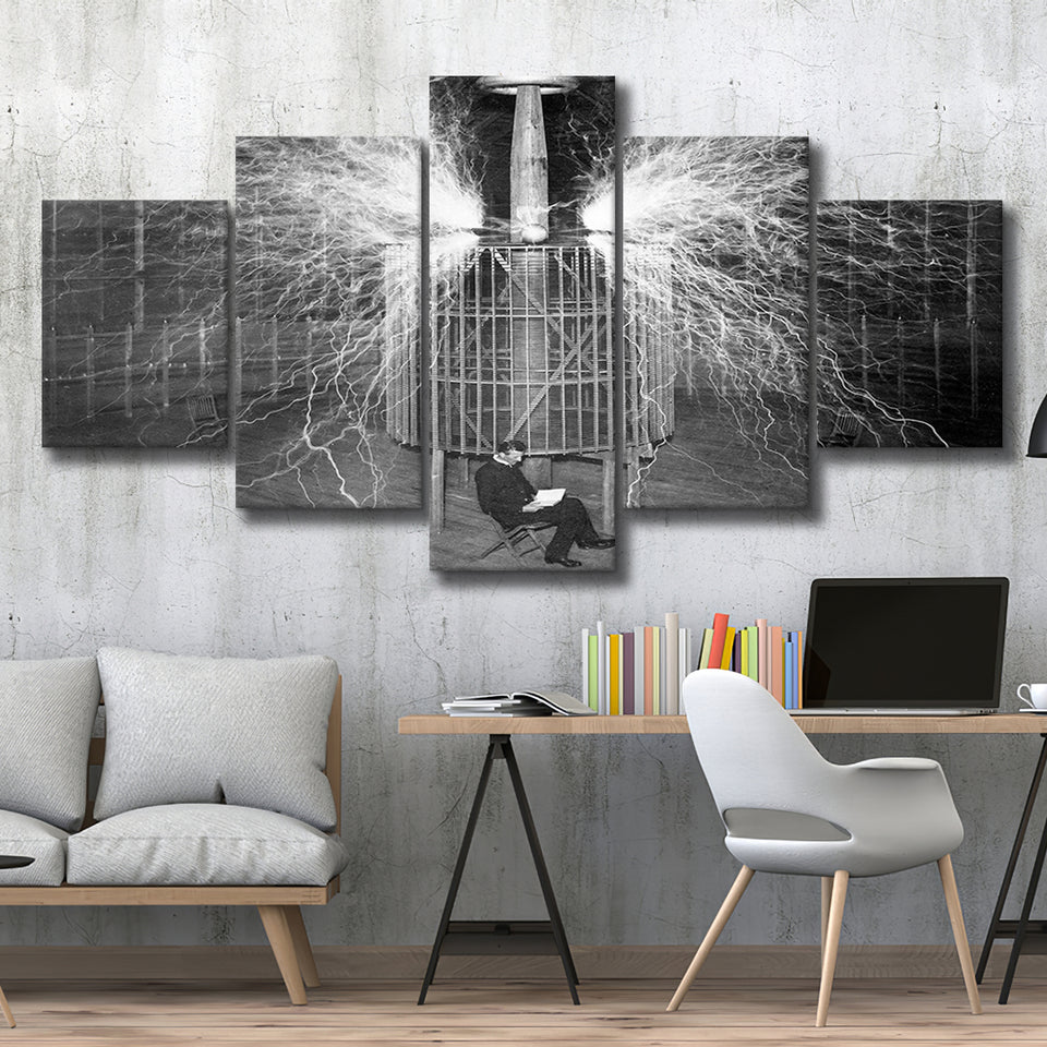 Tesla In His Laboratory Photo Black And White Print, Nikola Tesla 5 Panels, Canvas Prints Wall Art Decor, Large Canvas Art