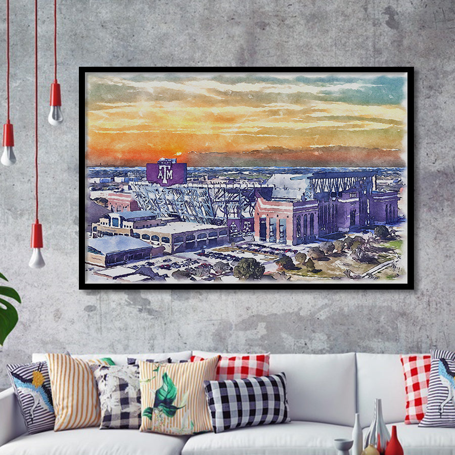 Texas AM Aggies Kyle Field Watercolor, Sport Prints Fan Gift, Framed Art Prints Wall Art Decor