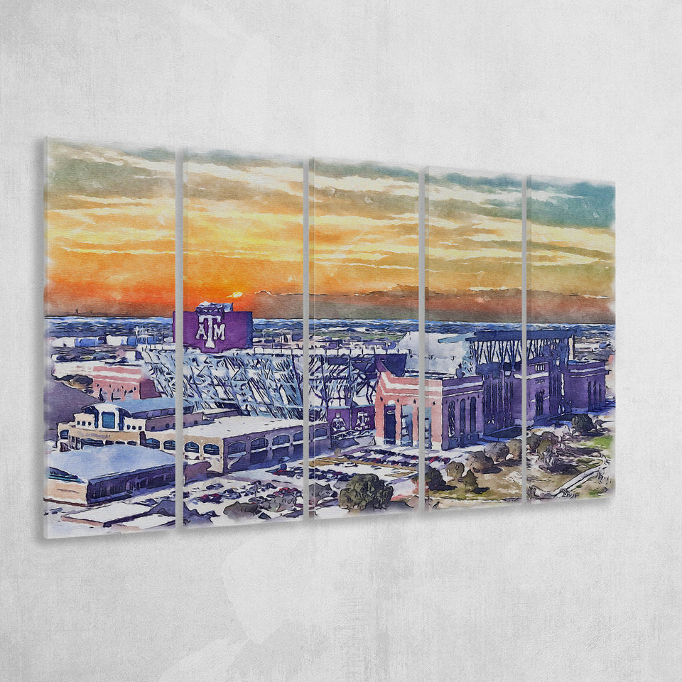 Texas AM Aggies Kyle Field Watercolor, 5 Pieces B, Multi Panel Canvas Prints Wall Art Decor