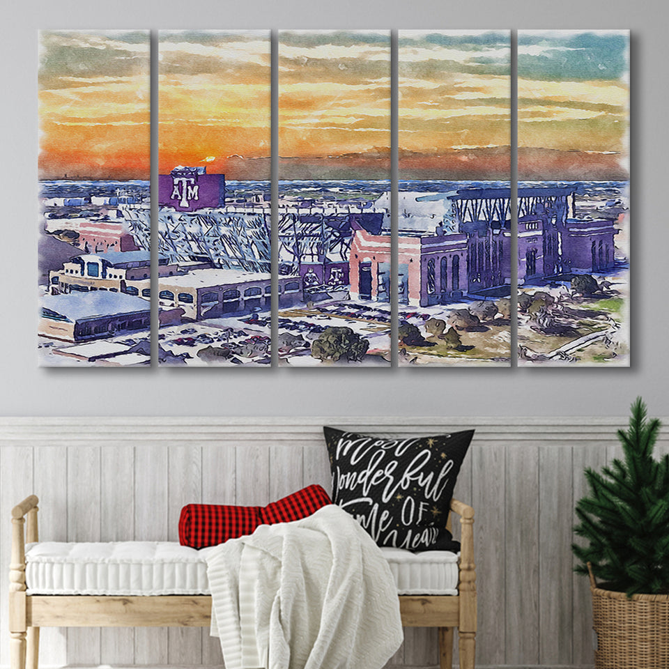 Texas AM Aggies Kyle Field Watercolor, 5 Pieces B, Multi Panel Canvas Prints Wall Art Decor