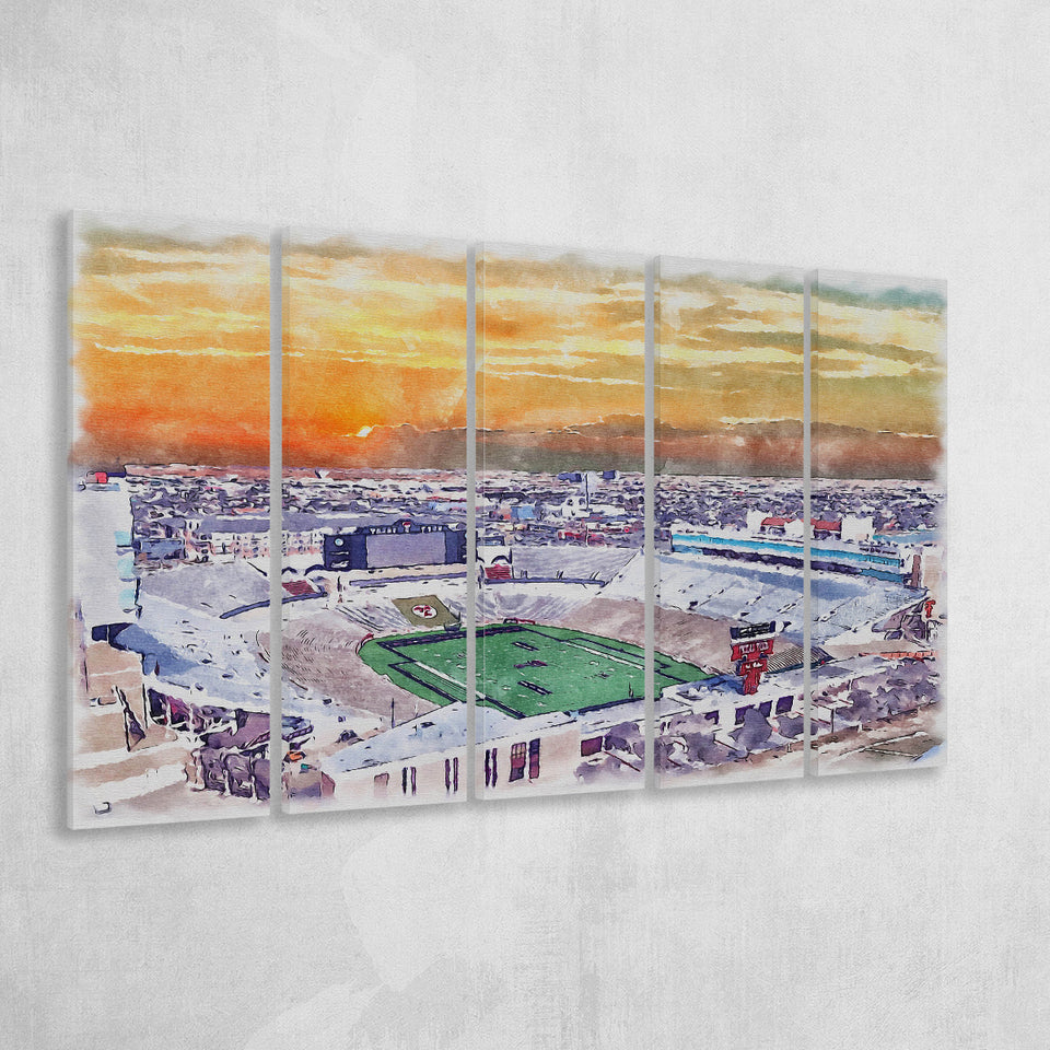 Texas Tech Red Raiders Jones ATT Stadium Watercolor, 5 Pieces B, Multi Panel Canvas Prints Wall Art Decor