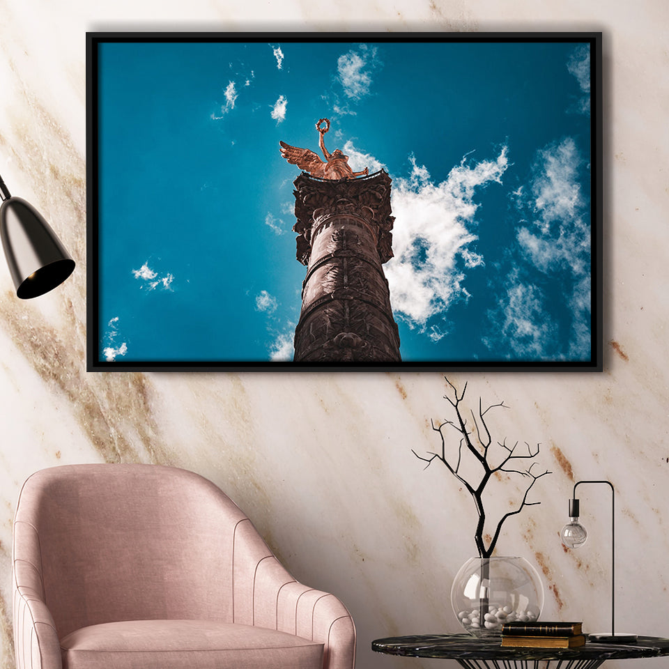 The Angel of Independence in Mexico City, Mexico Skyline Framed Canvas Prints Wall Art Decor, Black Floating Frame