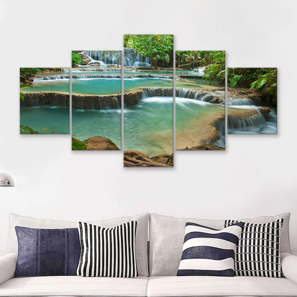 The Beauty Of The Kuang Si Waterfall Luang Prabang Laos 5 Pieces Canvas Prints Wall Art - Painting Canvas, Multi Panels, Wall Decor