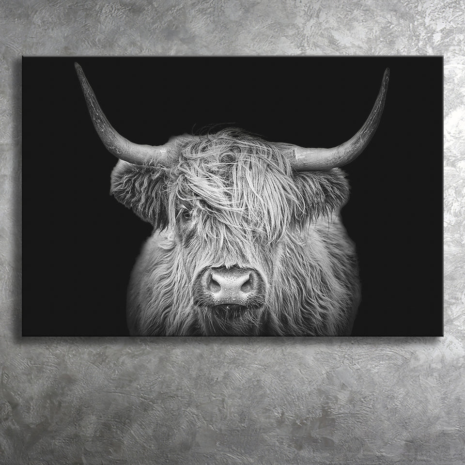 The Black And White Highland Cow With The Black Background Canvas Prints Wall Art - Painting Canvas,Wall Decor,Art Print,Home Decor