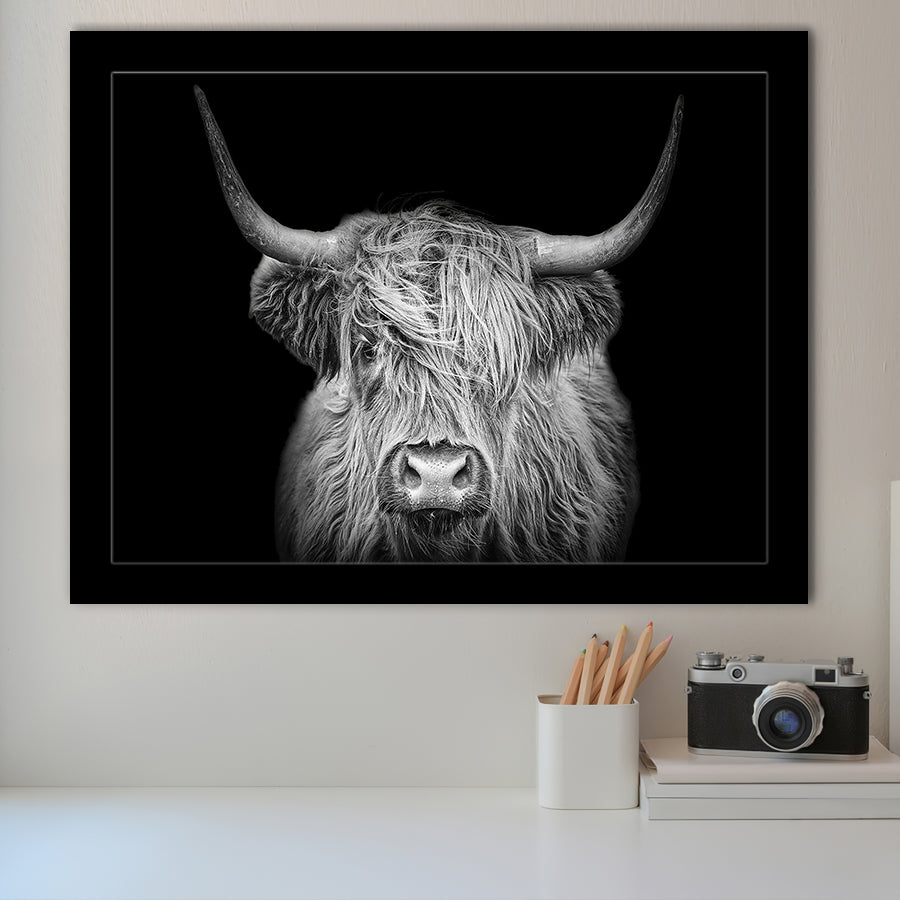 The Black And White Highland Cow With The Black Background Framed Art Print Wall Decor - Painting Art, Framed Picture, Home Decor