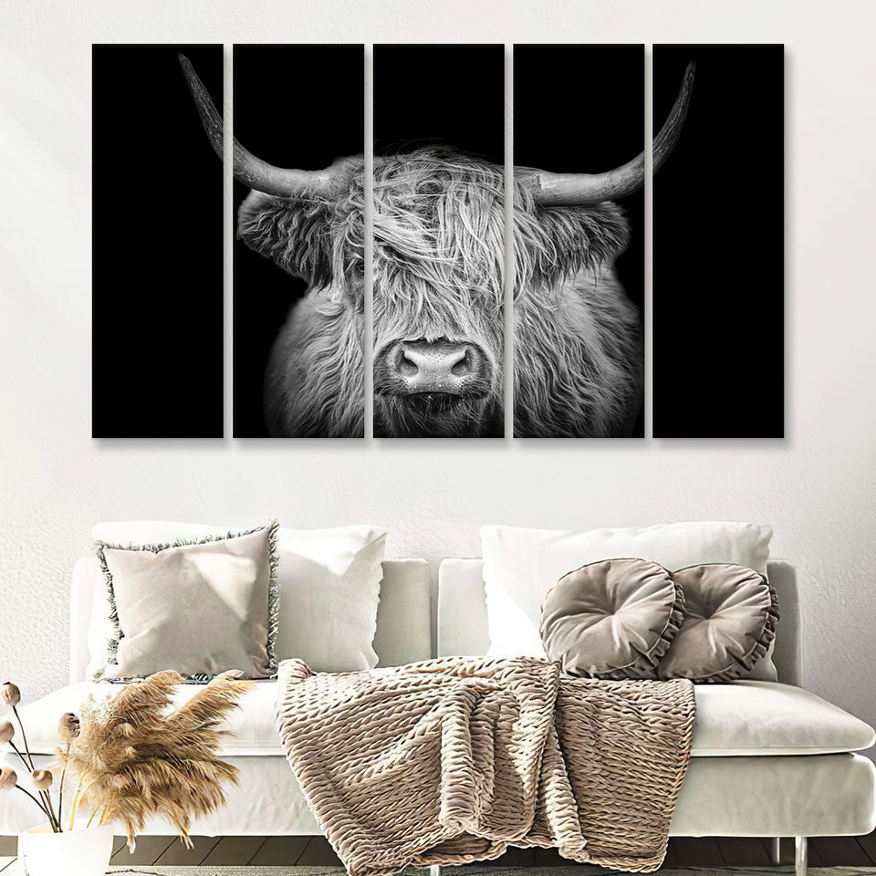 The Black And White Highland Cow With The Black Background 5 Piece B Multi Panels Canvas Prints Wall Art - Painting Canvas,Wall Decor