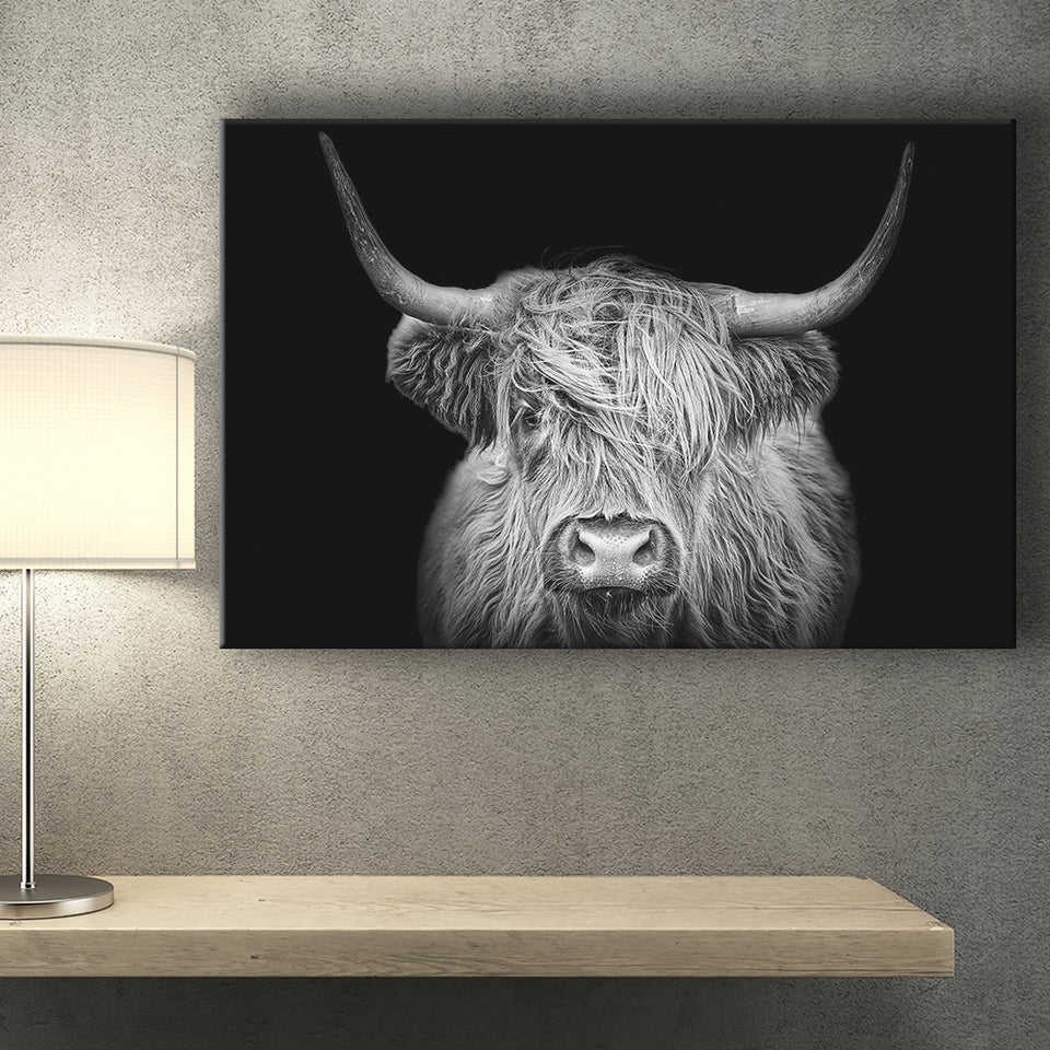 The Black And White Highland Cow With The Black Background Canvas Prints Wall Art - Painting Canvas,Wall Decor,Art Print,Home Decor