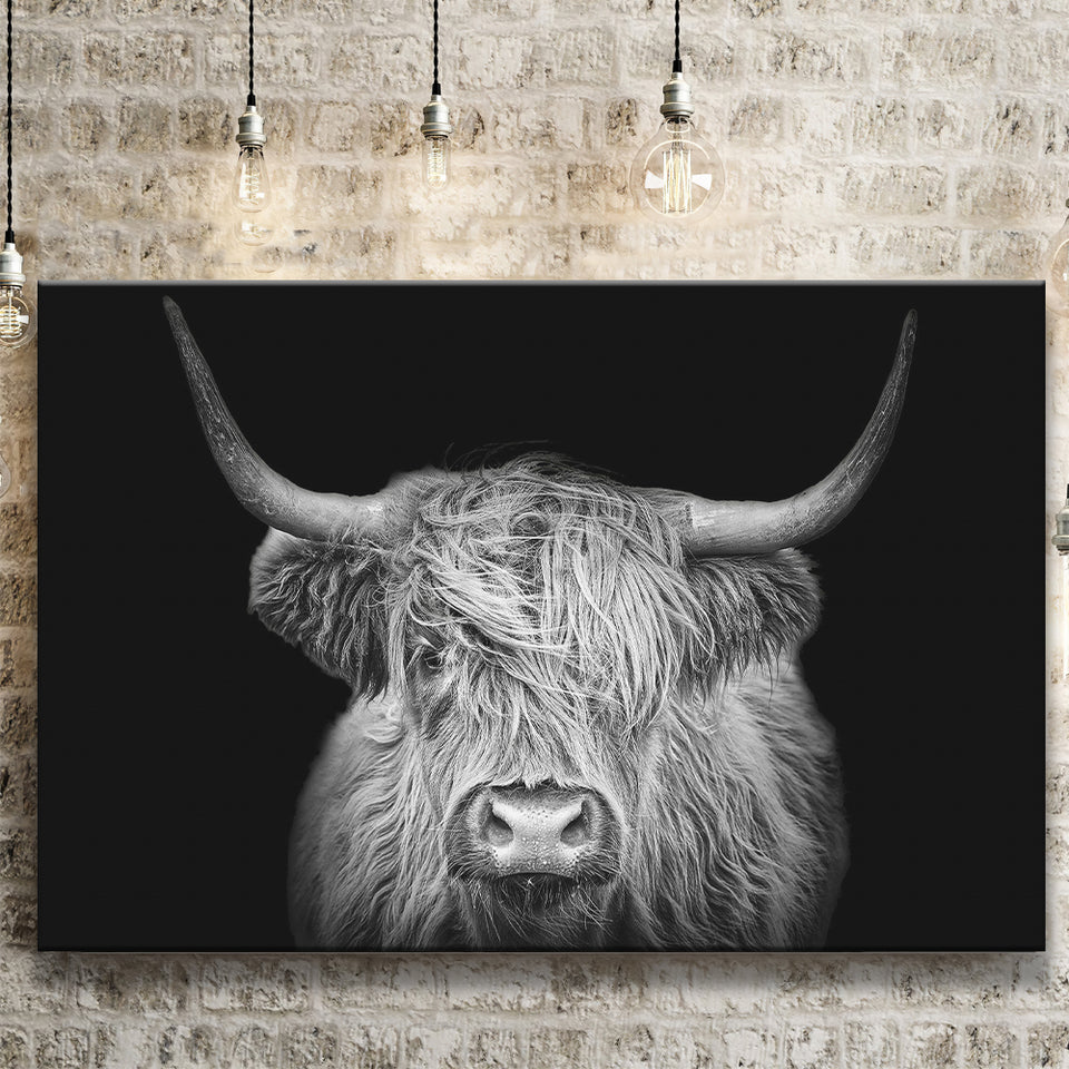 The Black And White Highland Cow With The Black Background Canvas Prints Wall Art - Painting Canvas,Wall Decor,Art Print,Home Decor
