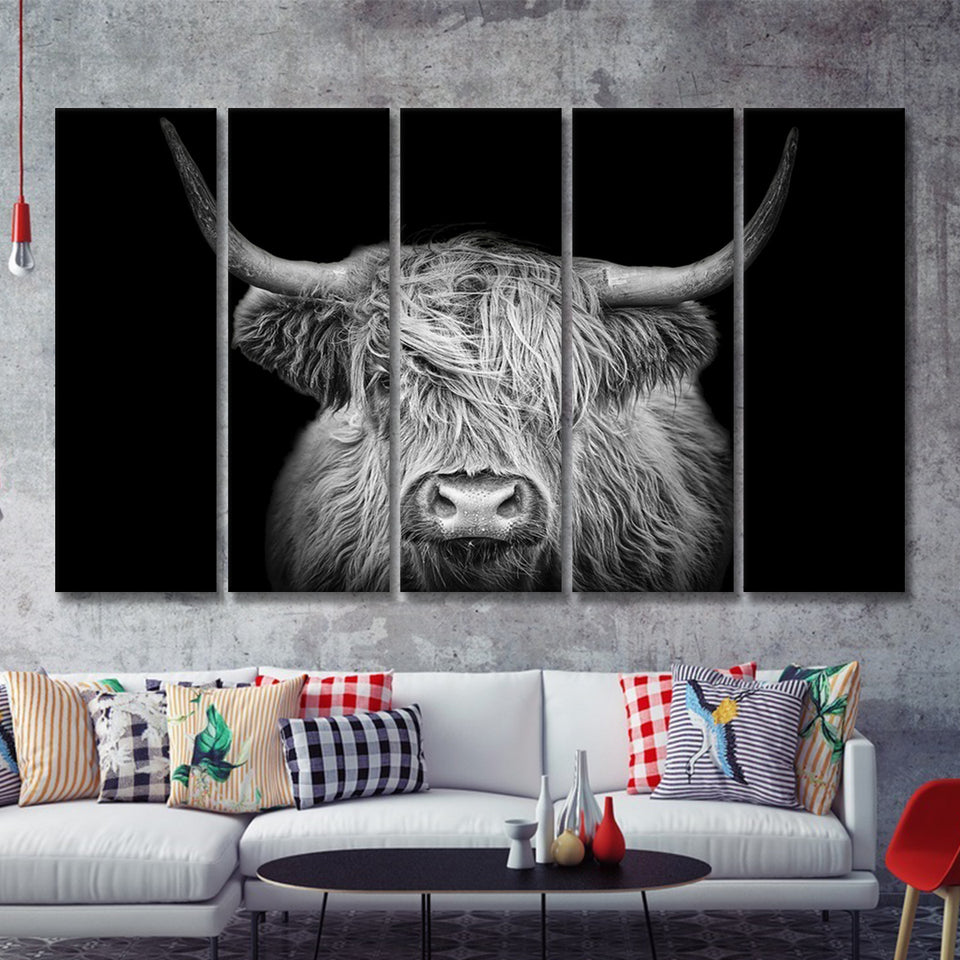The Black And White Highland Cow With The Black Background 5 Piece B Multi Panels Canvas Prints Wall Art - Painting Canvas,Wall Decor