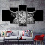 The Black And White Highland Cow With The Black Background 5 Piece Multi Panels Canvas Prints Wall Art - Painting Canvas,Wall Decor