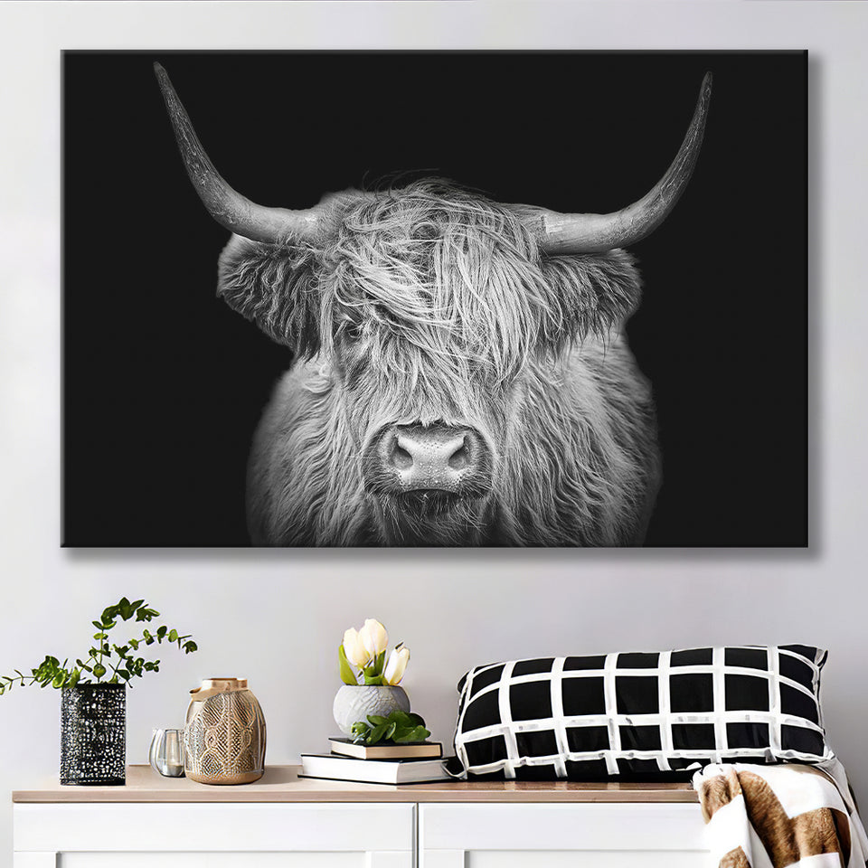 The Black And White Highland Cow With The Black Background Canvas Prints Wall Art - Painting Canvas,Wall Decor,Art Print,Home Decor