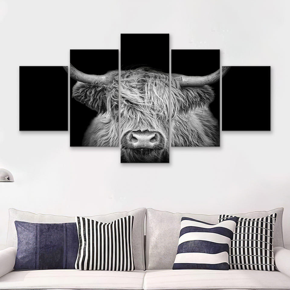 The Black And White Highland Cow With The Black Background 5 Piece Multi Panels Canvas Prints Wall Art - Painting Canvas,Wall Decor