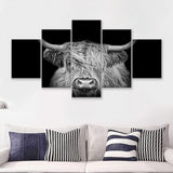 The Black And White Highland Cow With The Black Background 5 Piece Multi Panels Canvas Prints Wall Art - Painting Canvas,Wall Decor