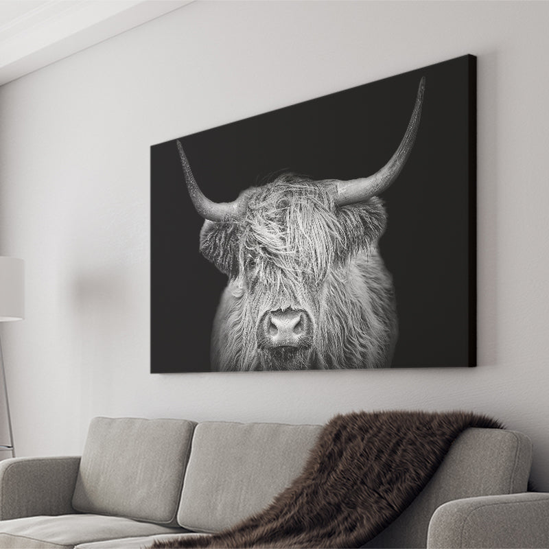 The Black And White Highland Cow With The Black Background Canvas Prints Wall Art - Painting Canvas,Wall Decor,Art Print,Home Decor
