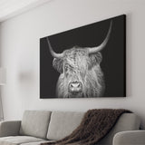 The Black And White Highland Cow With The Black Background Canvas Prints Wall Art - Painting Canvas,Wall Decor,Art Print,Home Decor