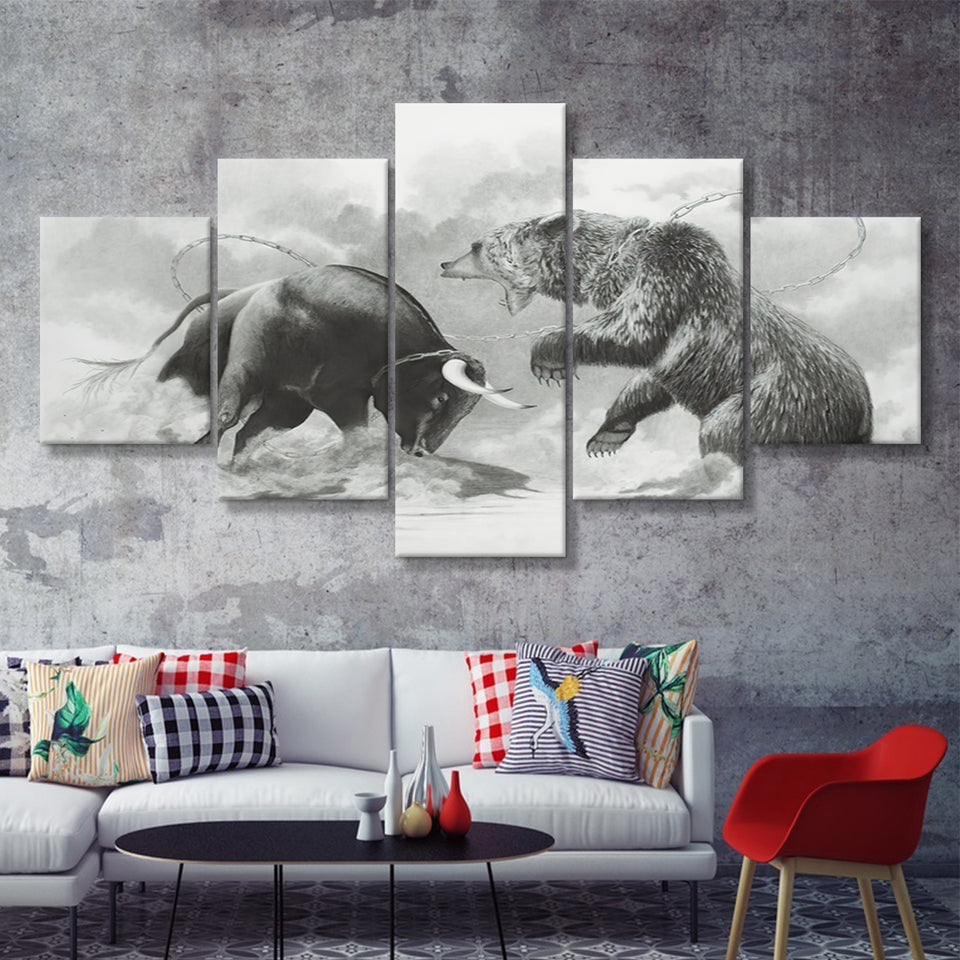 The Bull And The Bear Stock Market 5 Pieces Canvas Prints Wall Art - Painting Canvas, Multi Panels, Wall Decor