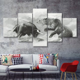 The Bull And The Bear Stock Market 5 Pieces Canvas Prints Wall Art - Painting Canvas, Multi Panels, Wall Decor
