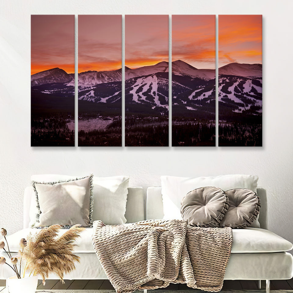 The Colorado sunset Breckenridge ski slopes at the sunset Colorado 5 Pieces Canvas Prints Wall Art - Painting Canvas, Multi Panels, Wall Decor