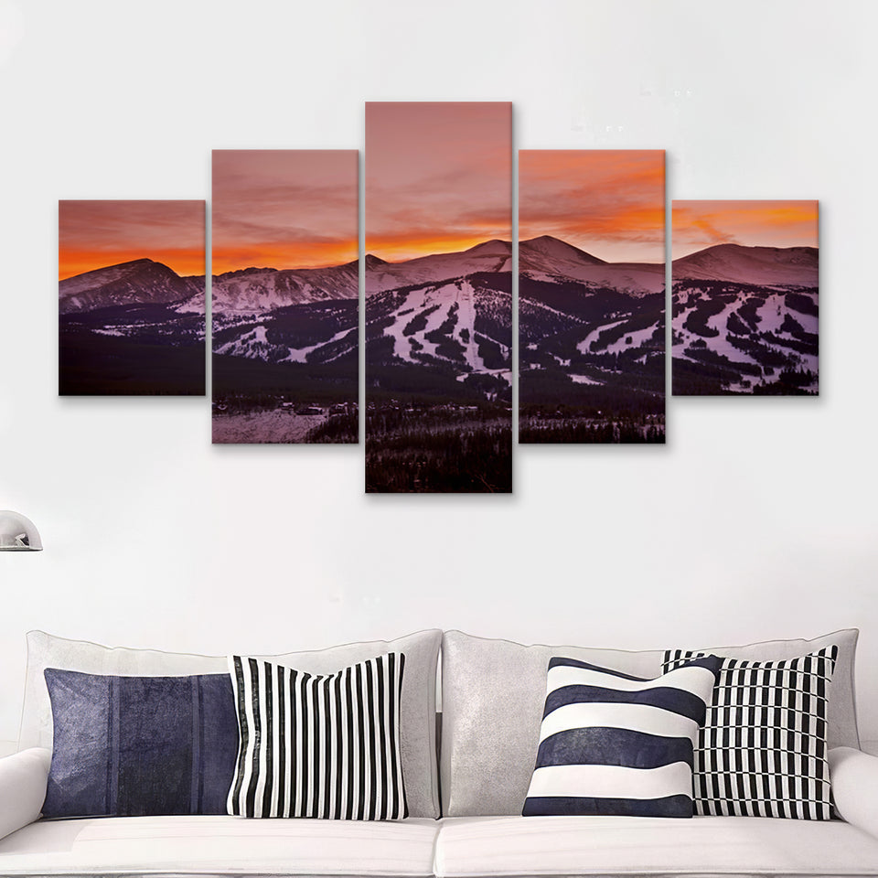 The Colorado sunset Breckenridge ski slopes at the sunset Colorado 5 Pieces Canvas Prints Wall Art - Painting Canvas, Multi Panels, Wall Decor