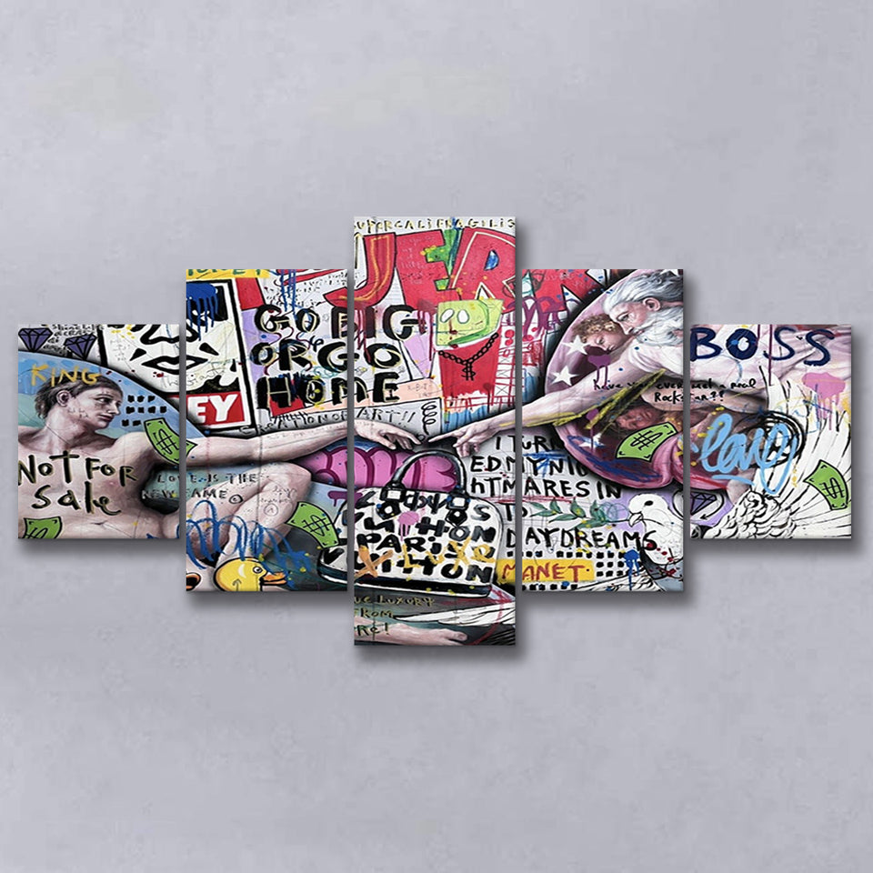 The Creation Of Adam Grafiti Street Art Banksy Style, Multi Panels, 5 Pieces, Canvas Prints Wall Art Home Decor