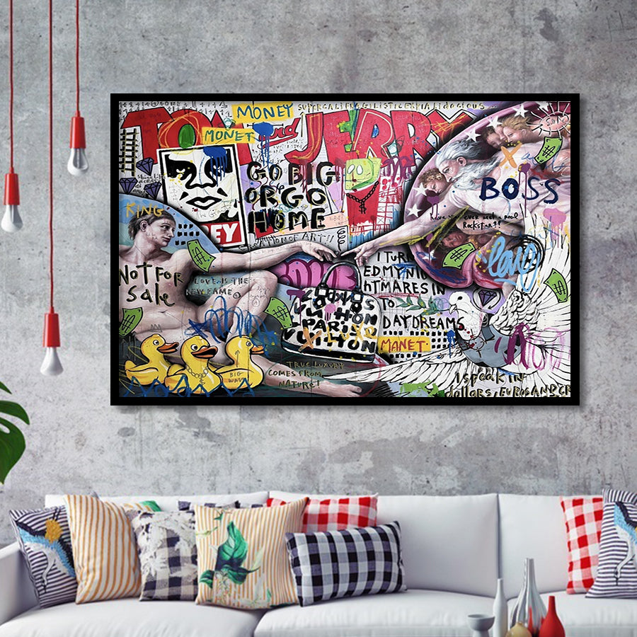 The Creation Of Adam Grafiti Street Art Banksy Style, Framed Art Prints Wall Art Home Decor, Ready to Hang