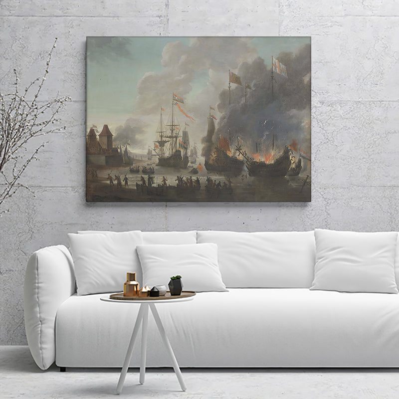 The Dutch Burn English Ships During The Expedition To Chatham June 20 1667 Canvas Wall Art - Canvas Prints, Prints For Sale, Painting Canvas