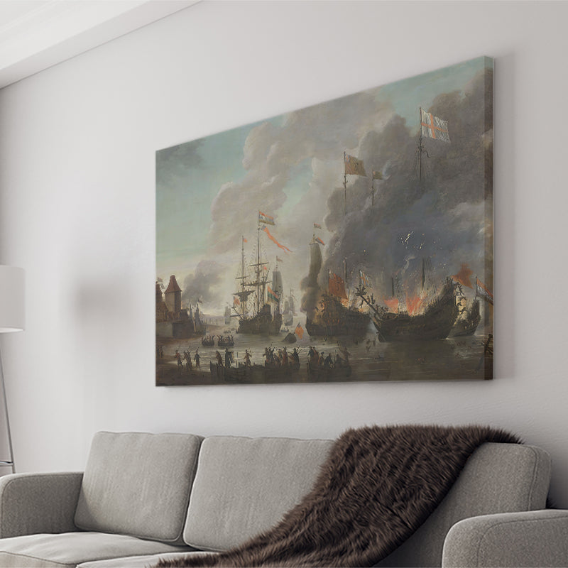 The Dutch Burn English Ships During The Expedition To Chatham June 20 1667 Canvas Wall Art - Canvas Prints, Prints For Sale, Painting Canvas