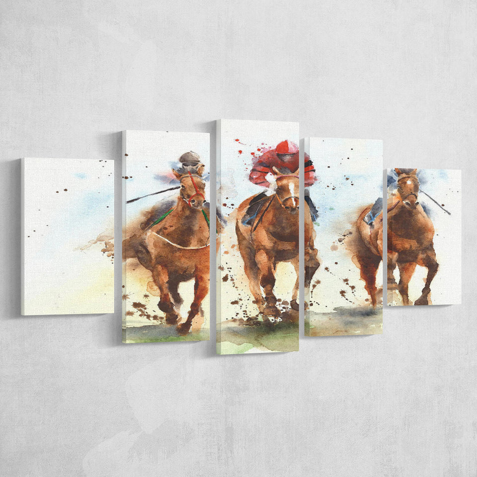 The Jockey And The Horse Sport Races Horses 5 Piece Canvas Prints Wall Art Decor, Multi Panels, Mixed Canvas