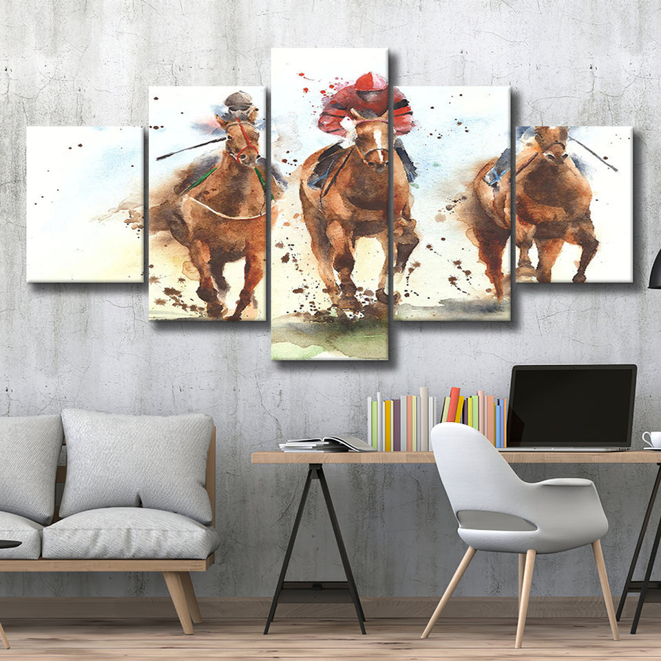 The Jockey And The Horse Sport Races Horses 5 Piece Canvas Prints Wall Art Decor, Multi Panels, Mixed Canvas