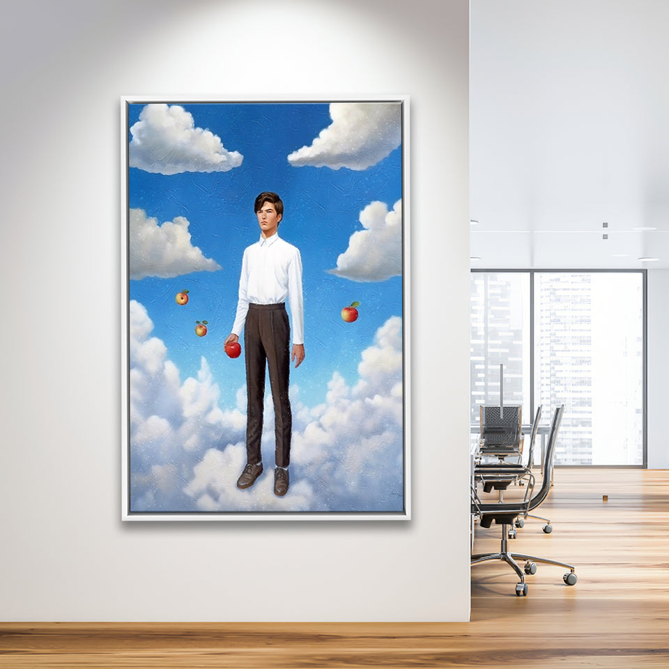 The Man Flying With Apples Framed Canvas Prints Wall Art, Floating Frame, Large Canvas Home Decor