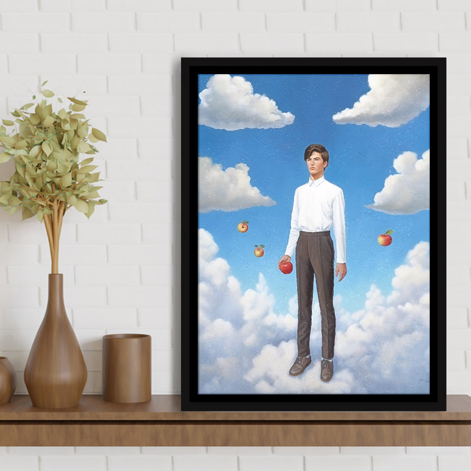 The Man Flying With Apples Framed Canvas Prints Wall Art, Floating Frame, Large Canvas Home Decor