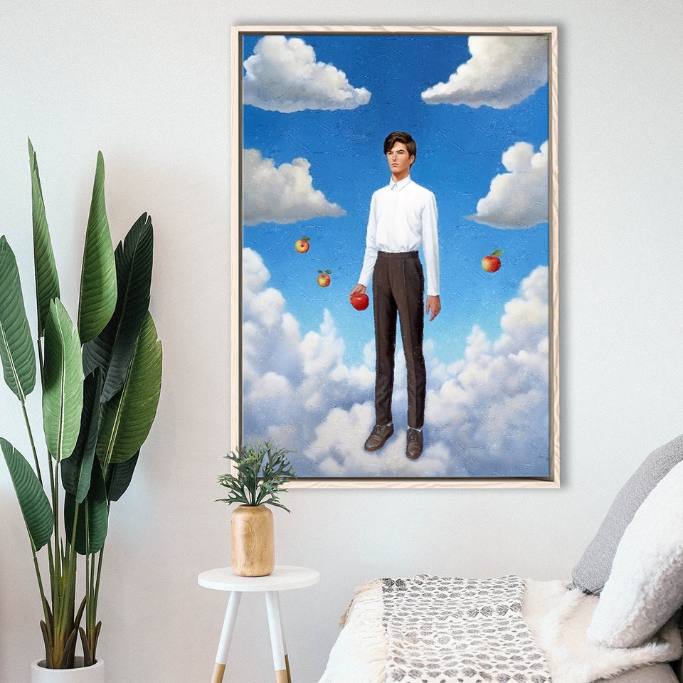 The Man Flying With Apples Framed Canvas Prints Wall Art, Floating Frame, Large Canvas Home Decor