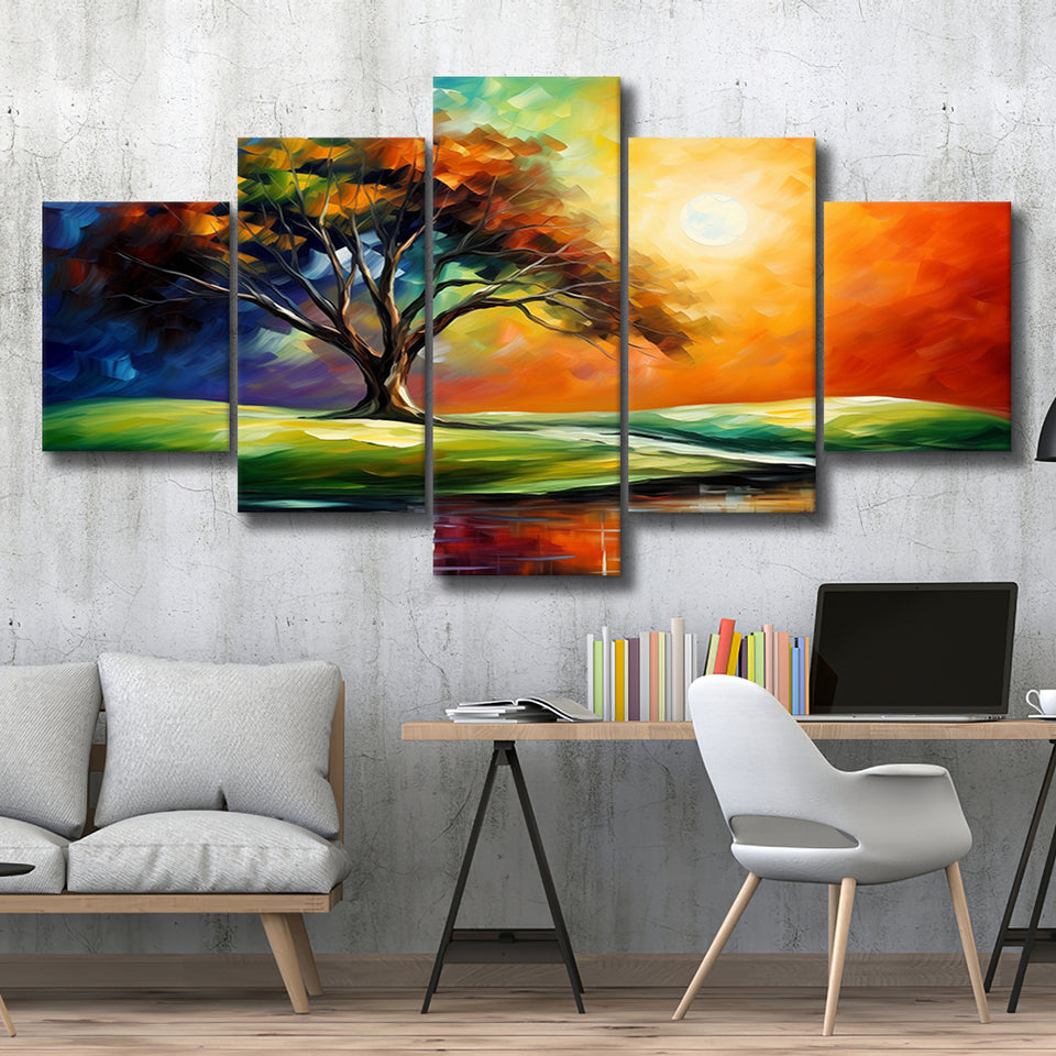 The Old Tree In Sunset Mixed 5 Panel Large Canvas Prints Wall Art Decor