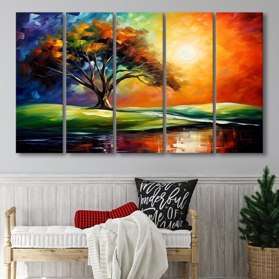 The Old Tree In Sunset,5 Panel Extra Large Canvas Prints Wall Art Decor