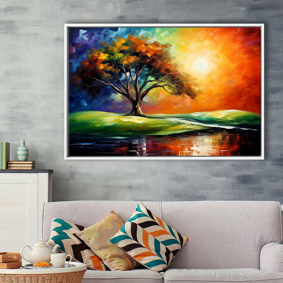 The Old Tree In Sunset, Framed Canvas Prints Wall Art Decor, Floating Frame