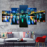 The Pittsburgh Skyline Allegheny River At Night Pennsylvania 5 Pieces Canvas Prints Wall Art - Painting Canvas, Multi Panels, Wall Decor