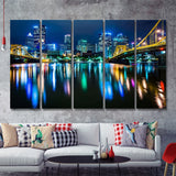 The Pittsburgh Skyline Allegheny River At Night Pennsylvania 5 Pieces Canvas Prints Wall Art - Painting Canvas, Multi Panels, Wall Decor
