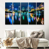 The Pittsburgh Skyline Allegheny River At Night Pennsylvania 5 Pieces Canvas Prints Wall Art - Painting Canvas, Multi Panels, Wall Decor